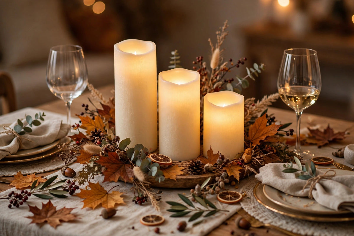 Lumiere candles as a holiday dinner tablescape centerpiece